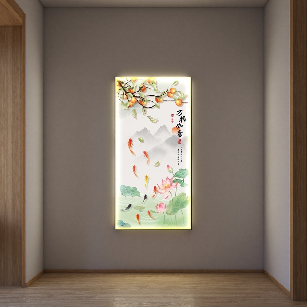 Vertical wall hanging of ink-wash painting style persimmon swimming fish lotus decorative painting, calligraphy of "Ten Thousand persimmons as One Wishes", distant mountains and clouds Specification image