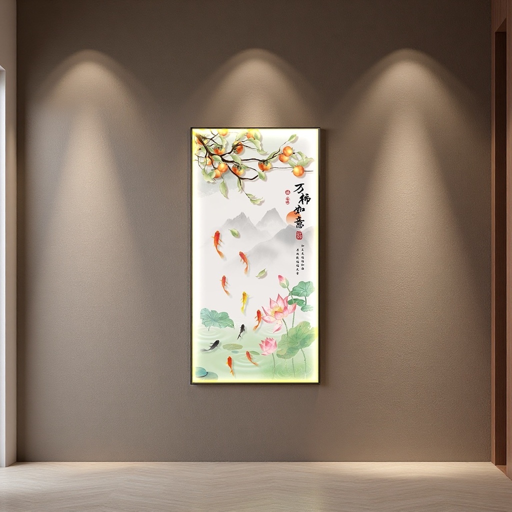 Vertical wall hanging of ink-wash painting style persimmon swimming fish lotus decorative painting, calligraphy of "Ten Thousand persimmons as One Wishes", distant mountains and clouds