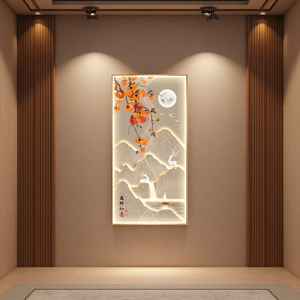 The main subjects of the luminous landscape painting are orange persimmon branches, bright moon, flying birds, white deer, small sailboats, mountain Outlines, and calligraphy of "All things go well" Application Scenario