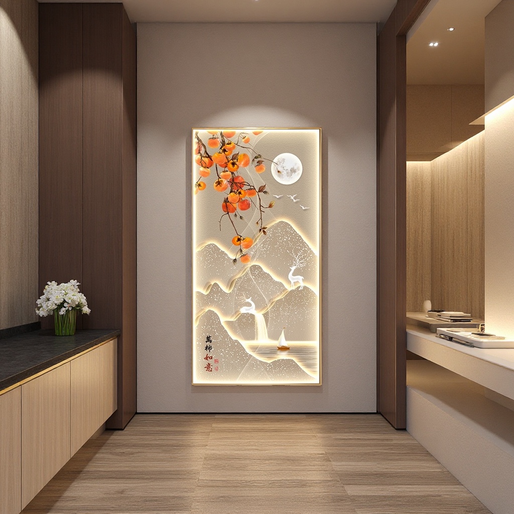 The main subjects of the luminous landscape painting are orange persimmon branches, bright moon, flying birds, white deer, small sailboats, mountain Outlines, and calligraphy of "All things go well" Specification image