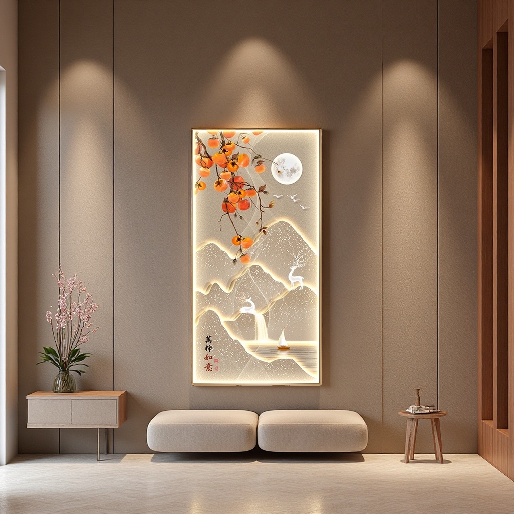 The main subjects of the luminous landscape painting are orange persimmon branches, bright moon, flying birds, white deer, small sailboats, mountain Outlines, and calligraphy of "All things go well"