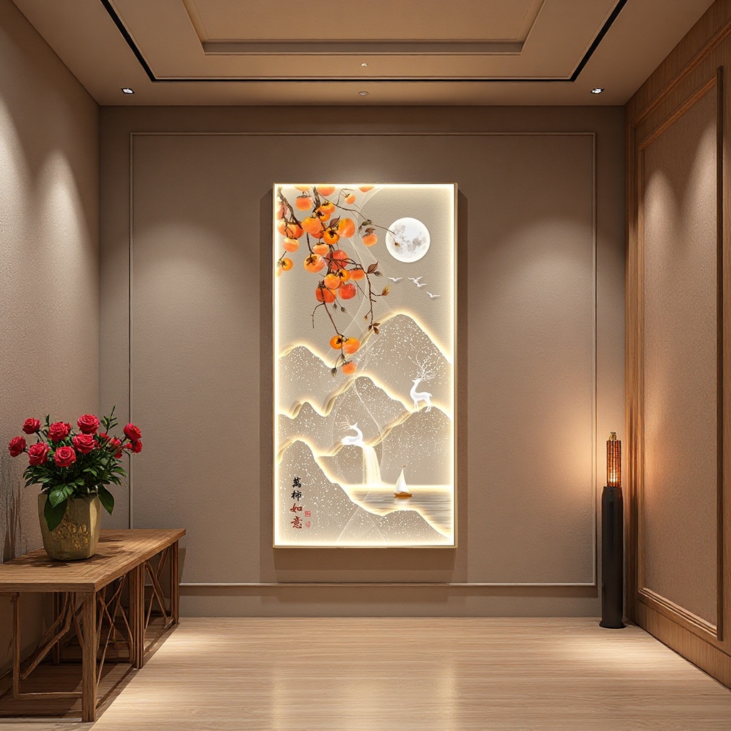 The main subjects of the luminous landscape painting are orange persimmon branches, bright moon, flying birds, white deer, small sailboats, mountain Outlines, and calligraphy of "All things go well" details Picture