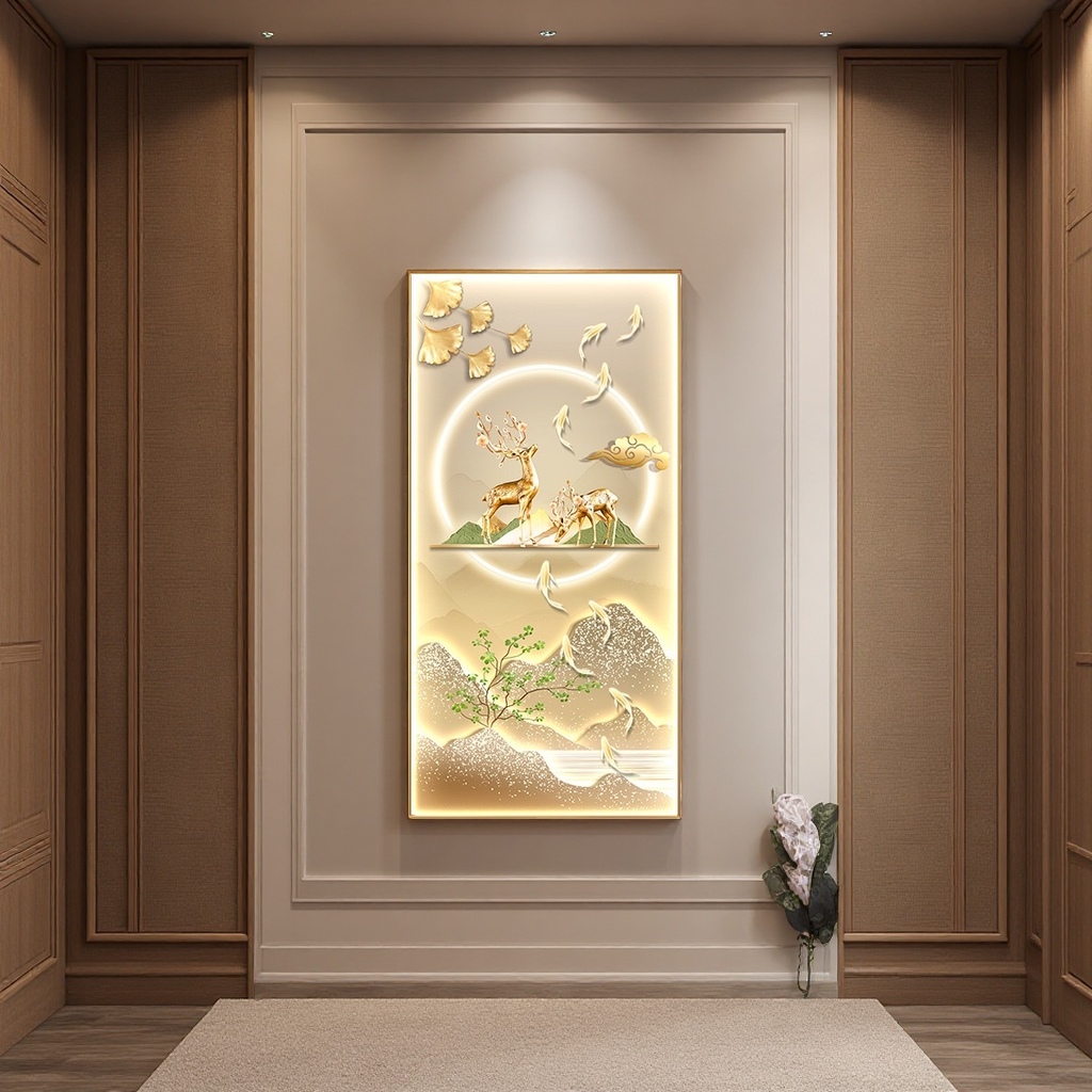 The main decorative painting of the golden deer carving mural, the background wall hanging painting of the living room entrance hall details Picture