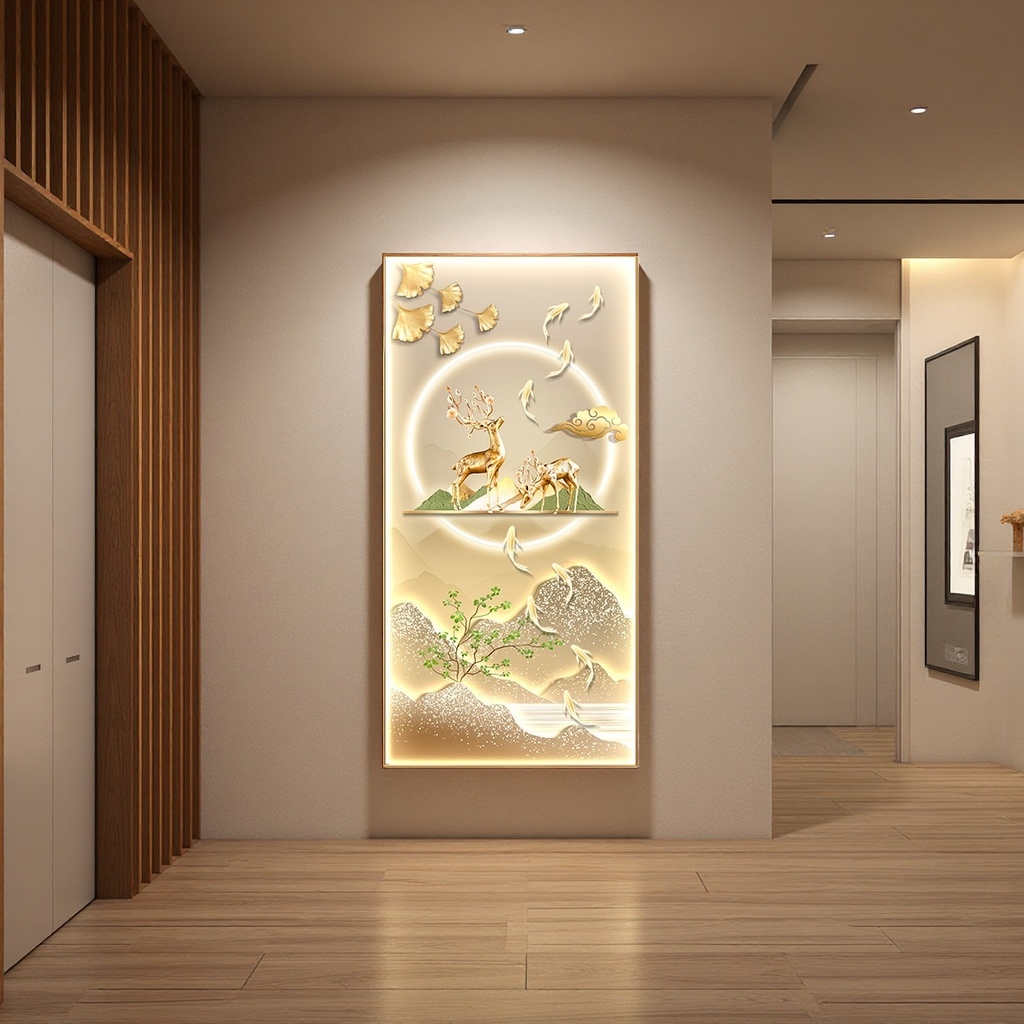 The main decorative painting of the golden deer carving mural, the background wall hanging painting of the living room entrance hall Application Scenario
