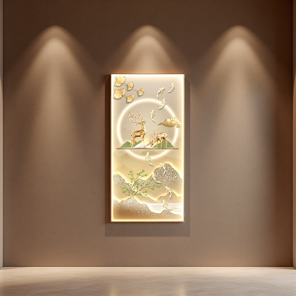 The main decorative painting of the golden deer carving mural, the background wall hanging painting of the living room entrance hall