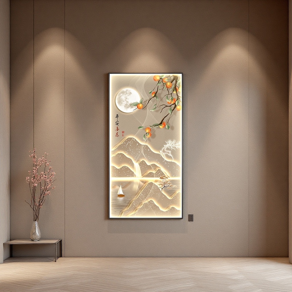 Luminous landscape paintings, hanging paintings, moon, persimmon branches, distant mountains, sailboats, deer shapes, cloud patterns, peace, joy, calligraphy