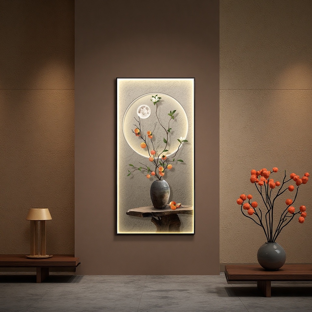 Chinese-style artistic conception luminous decorative painting, persimmon branches, earthenware pot, round moon, green leaves, wooden base Specification image