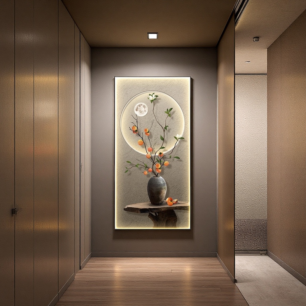 Chinese-style artistic conception luminous decorative painting, persimmon branches, earthenware pot, round moon, green leaves, wooden base details Picture