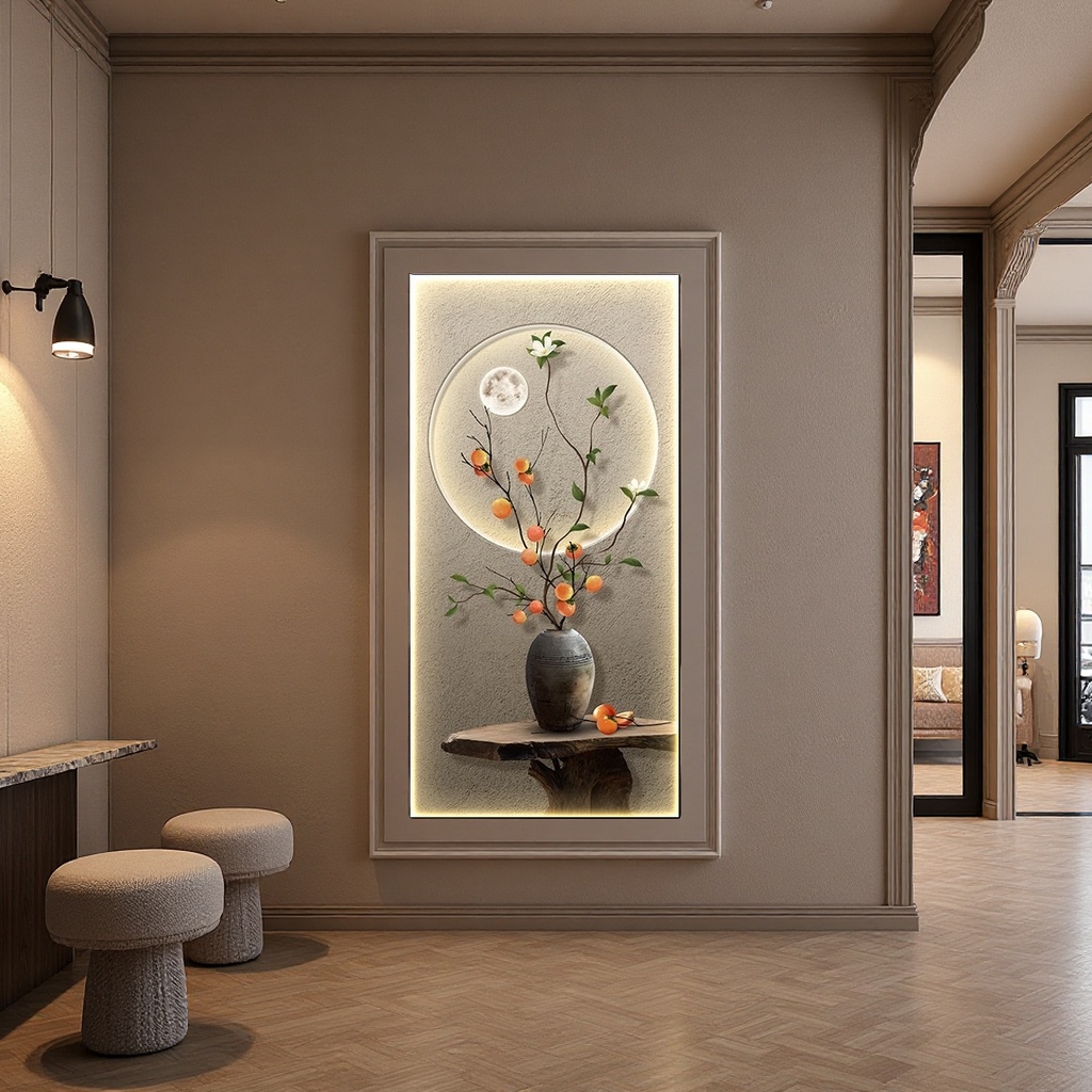 Chinese-style artistic conception luminous decorative painting, persimmon branches, earthenware pot, round moon, green leaves, wooden base Application Scenario