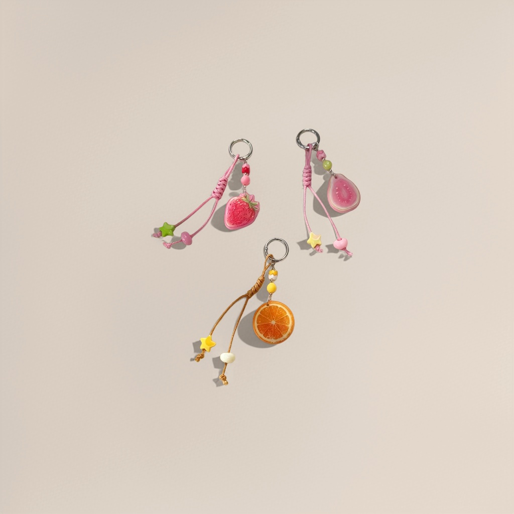 Pink strawberry pitaya, orange orange-shaped fruit-themed keychain, colorful beads and star-shaped pendant Application Scenario
