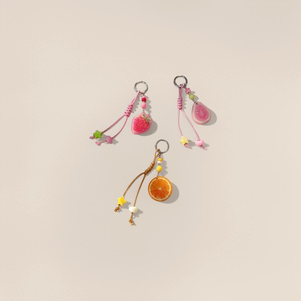Pink strawberry pitaya, orange orange-shaped fruit-themed keychain, colorful beads and star-shaped pendant details Picture