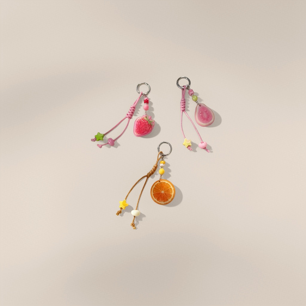 Pink strawberry pitaya, orange orange-shaped fruit-themed keychain, colorful beads and star-shaped pendant Specification image