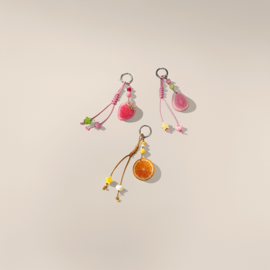 Pink strawberry pitaya, orange orange-shaped fruit-themed keychain, colorful beads and star-shaped pendant