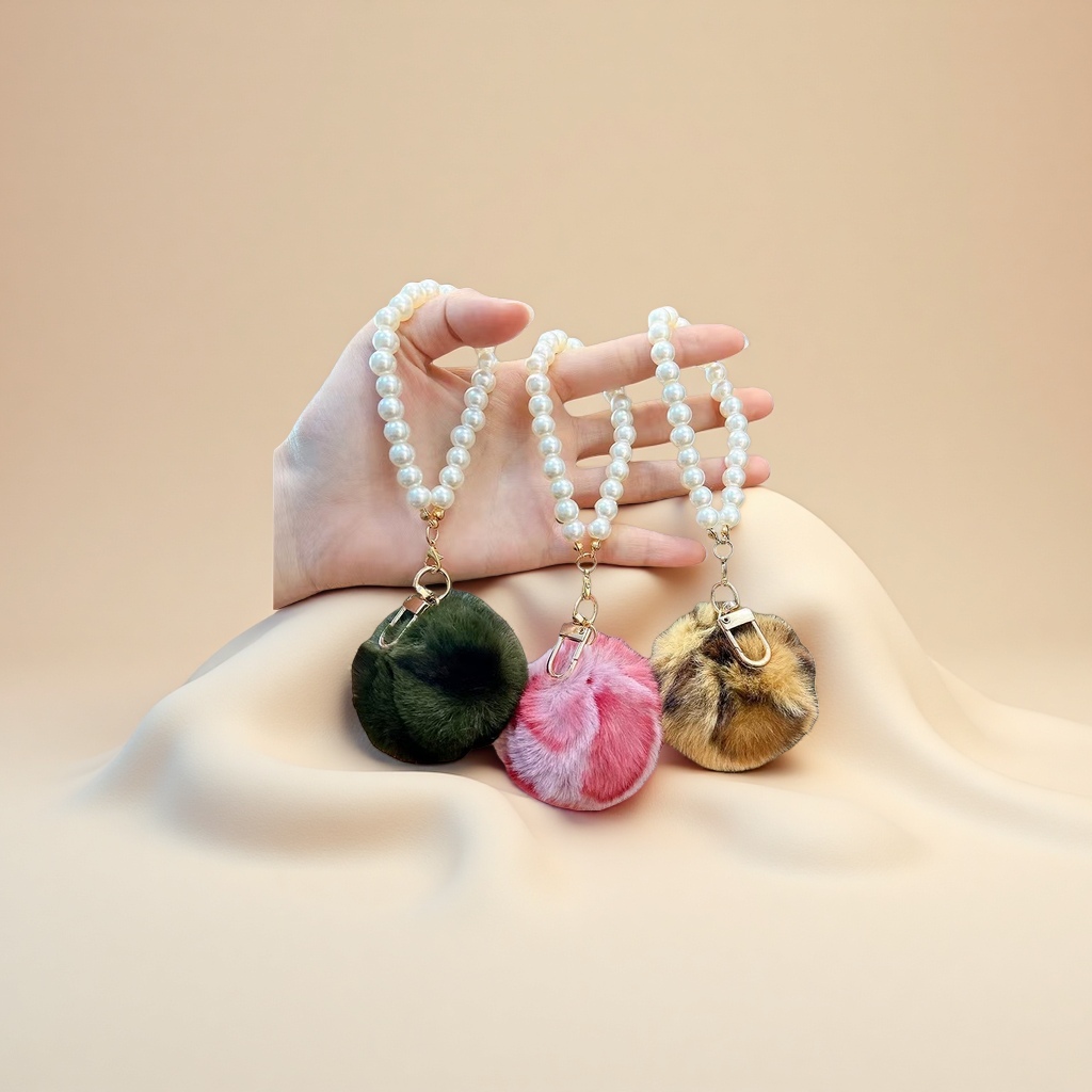 Three types of pearl bracelet pendants and plush ball keychains are cute accessories suitable for both men and women