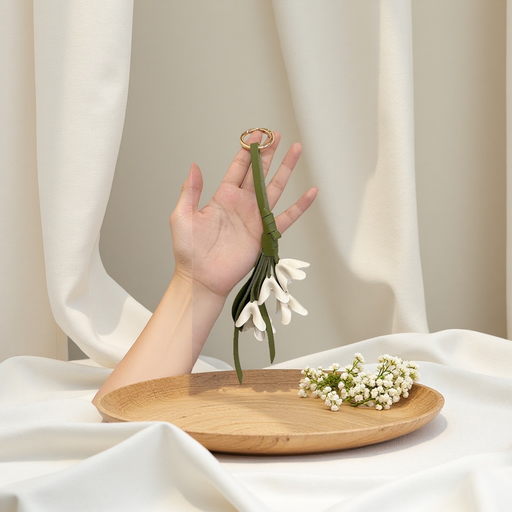 时尚热销欧美新款白色金桂花朵绿叶挂饰钥匙扣PU可爱包包挂件高级感绿色皮革花朵挂饰 手工复古风小众饰品钥匙扣