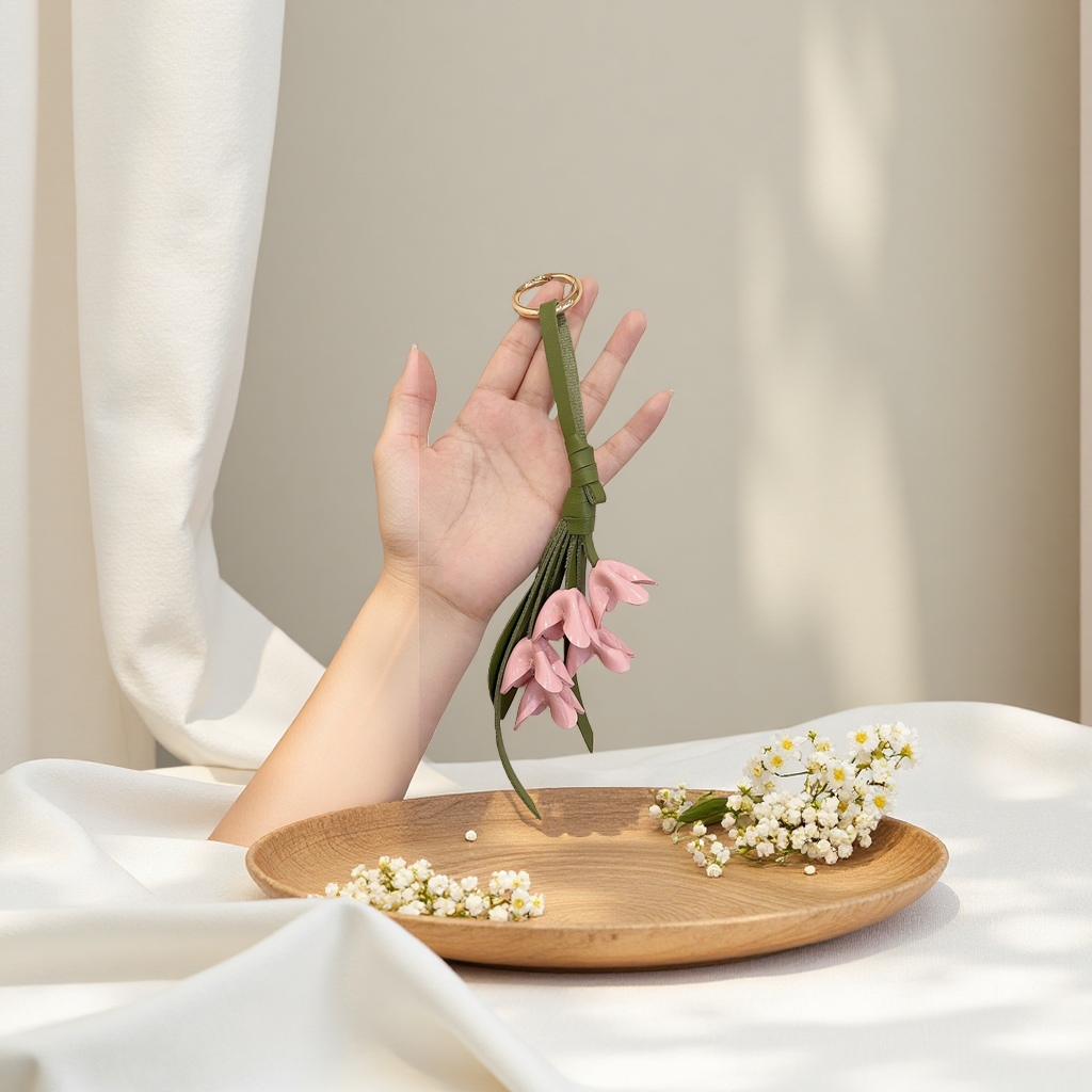 时尚热销欧美新款粉色金桂花朵绿叶挂饰钥匙扣PU可爱包包挂件高级感绿色皮革花束钥匙扣 仿真花朵装饰小巧便携钥匙扣