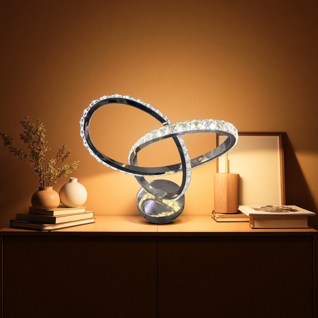 A modern and simple bedroom bedside LED dimmable floor lamp with a golden crystal circular table lamp Application Scenario