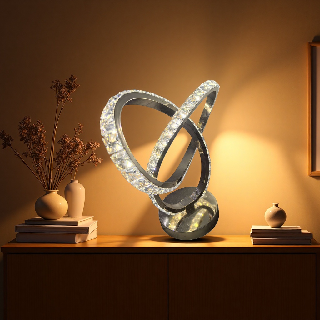 A modern and simple bedroom bedside LED dimmable floor lamp with a golden crystal circular table lamp