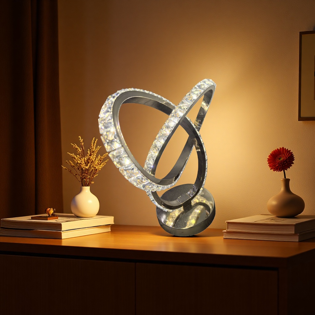 A modern and simple bedroom bedside LED dimmable floor lamp with a golden crystal circular table lamp details Picture