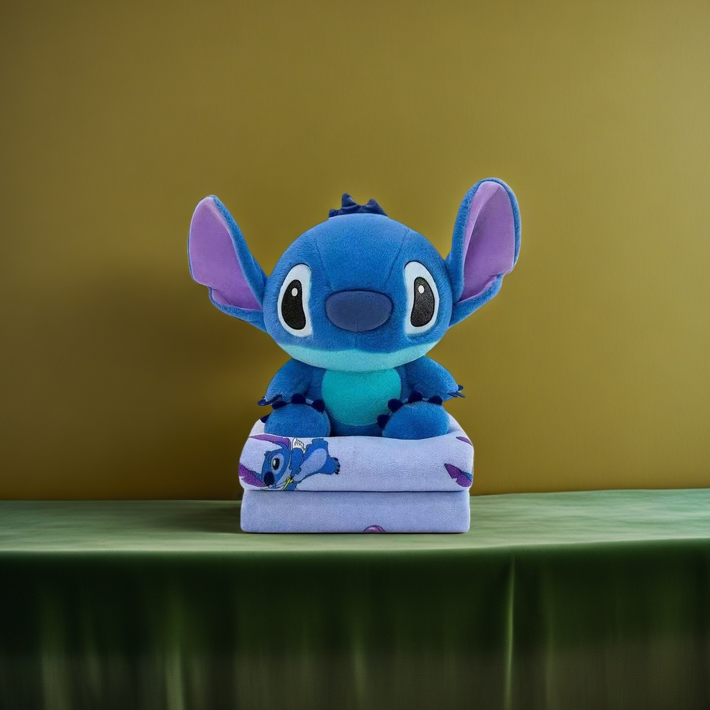 Blue Stitch plush toy with purple printed towel for sitting position Application Scenario