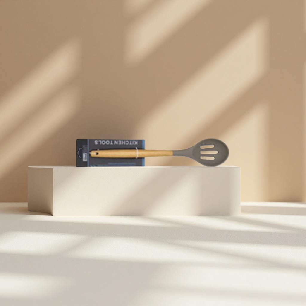 灰色漏勺带木质手柄包装印有KITCHEN TOOLS字样
