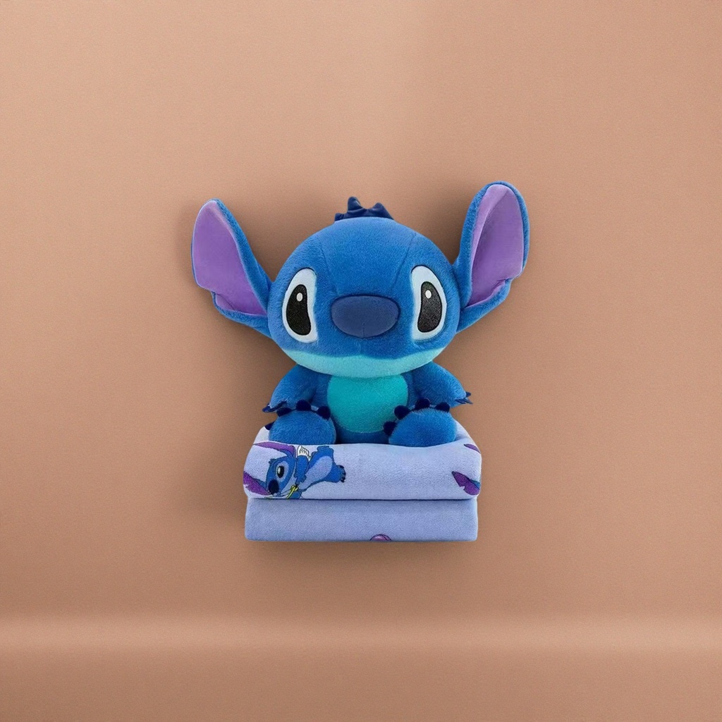 Blue Stitch plush toy with purple printed towel for sitting position Specification image
