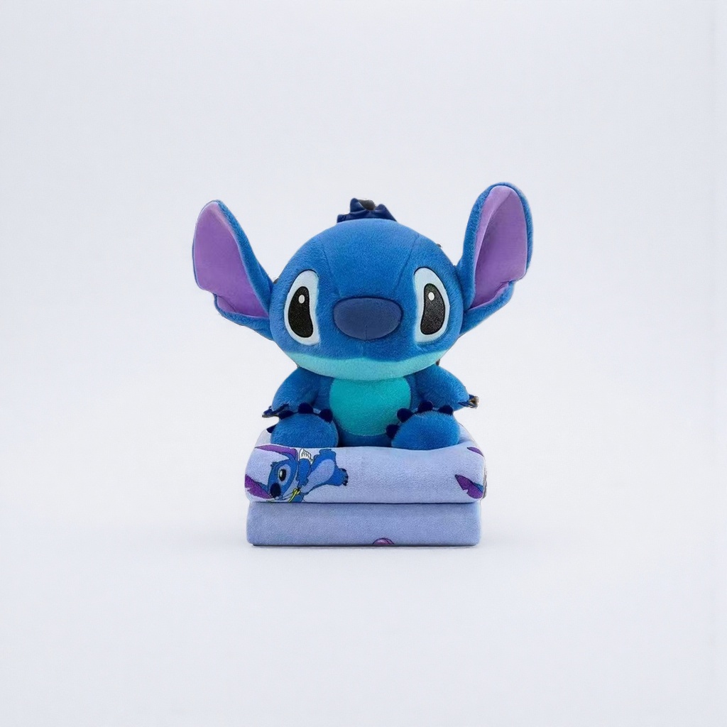 Blue Stitch plush toy with purple printed towel for sitting position details Picture