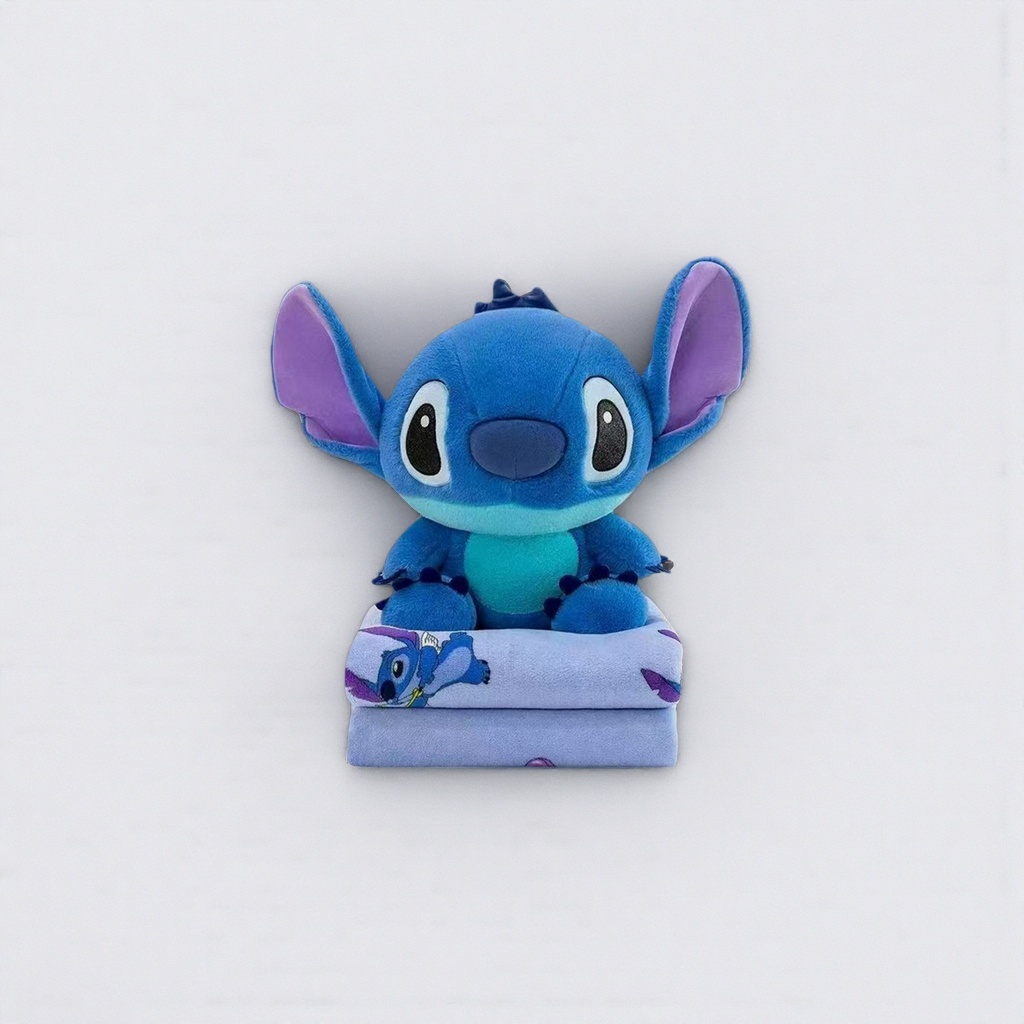 Blue Stitch plush toy with purple printed towel for sitting position Blue Stitch plush toy with purple printed towel for sitting position
