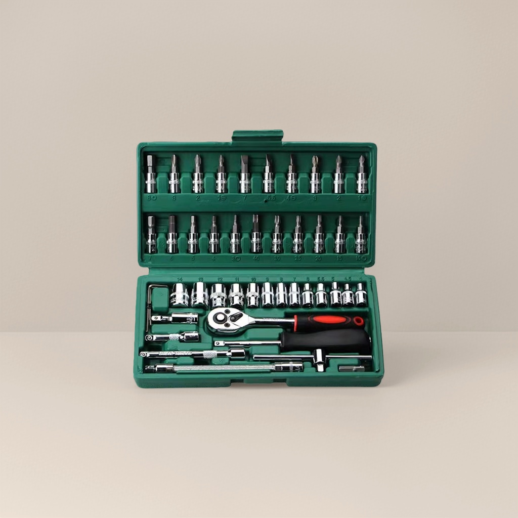 绿色工具箱套装 含套筒扳手螺丝批头多功能维修工具