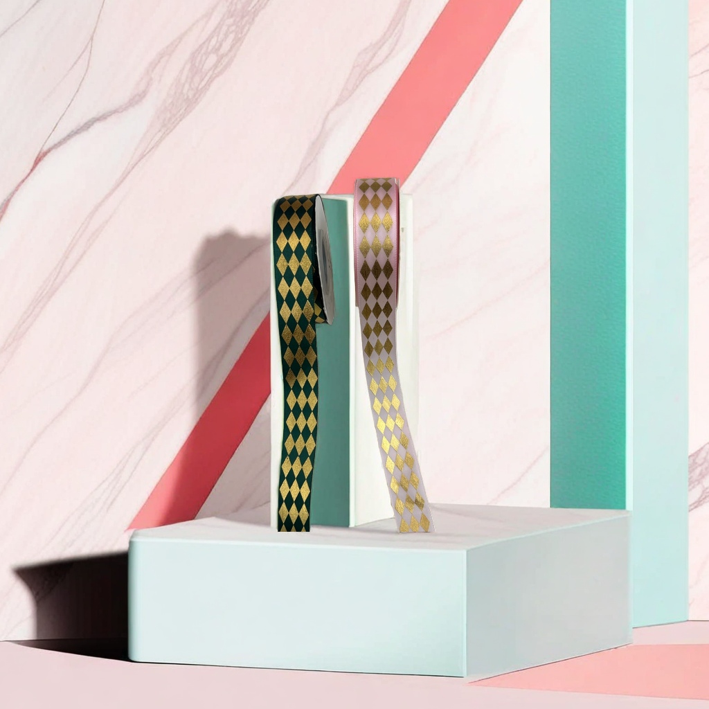 Green and pink diamond-shaped gold foil ribbon gift packaging decoration ribbon rolls, flower packaging, and bundling