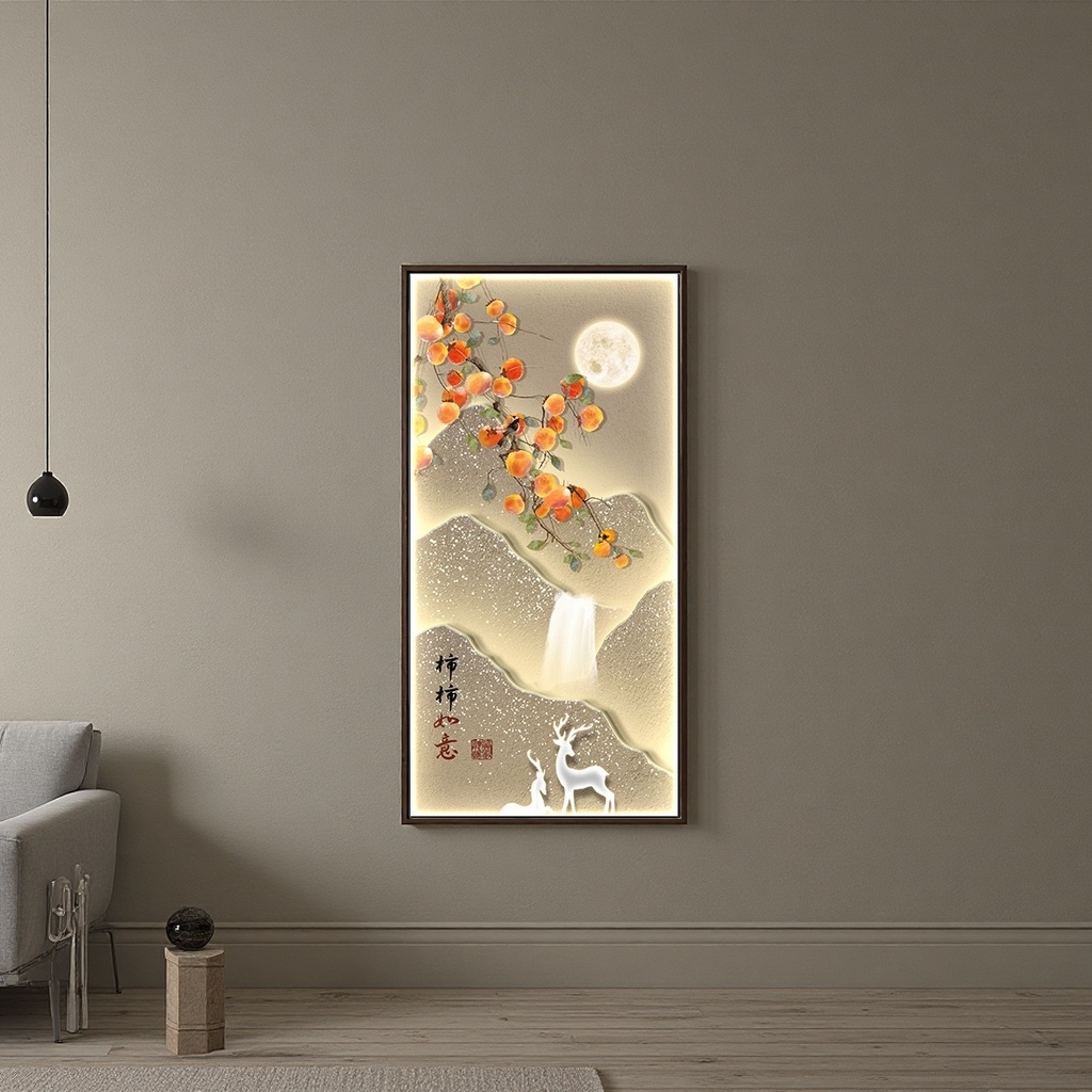 Luminous landscape painting decorative painting: Orange persimmons hanging on the branches, bright moon, mountains, waterfalls, white deer, cranes, and everything going well details Picture