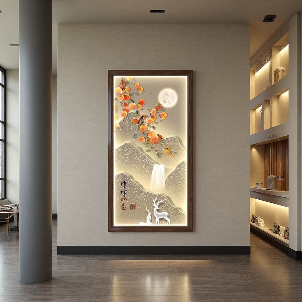 Luminous landscape painting decorative painting: Orange persimmons hanging on the branches, bright moon, mountains, waterfalls, white deer, cranes, and everything going well Specification image