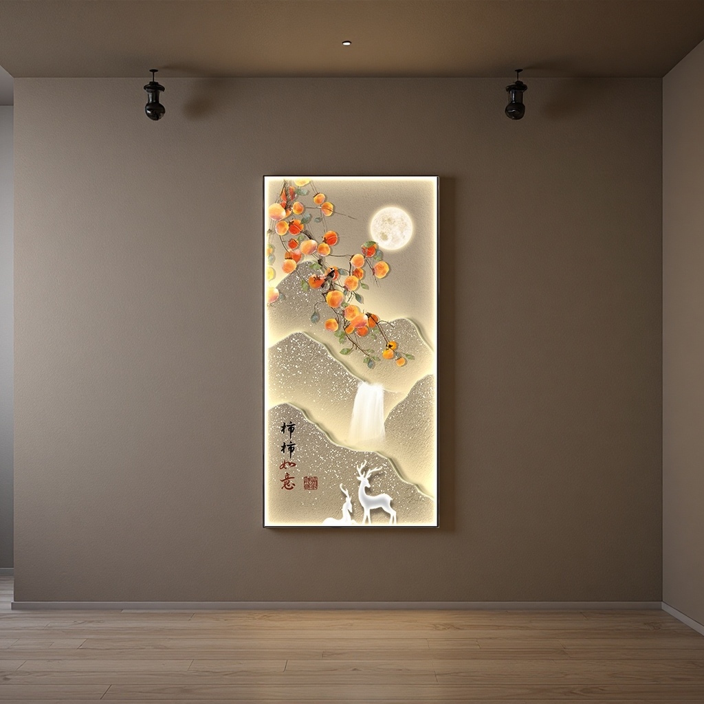 Luminous landscape painting decorative painting: Orange persimmons hanging on the branches, bright moon, mountains, waterfalls, white deer, cranes, and everything going well Application Scenario