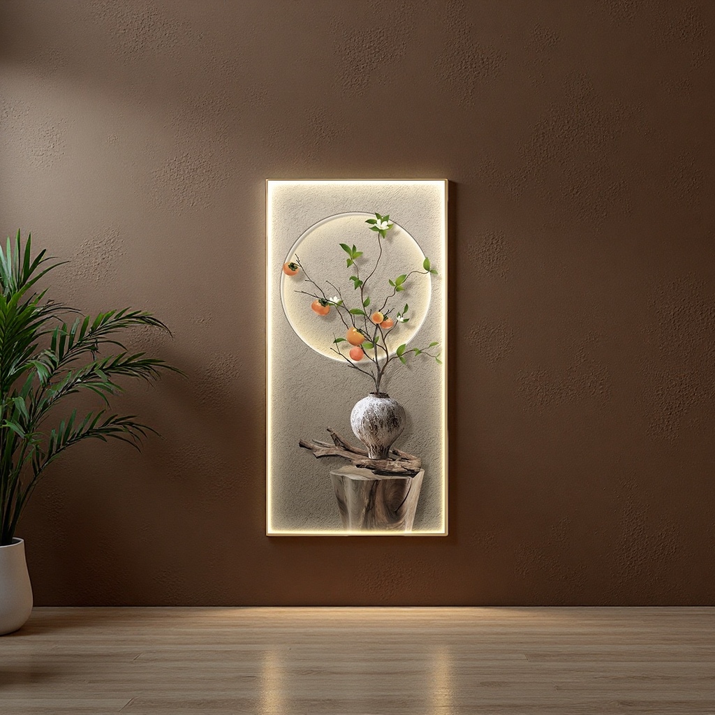 Chinese-style artistic conception luminous decorative painting: persimmon branches, earthenware jars, wooden stakes, grey walls, circular halos details Picture