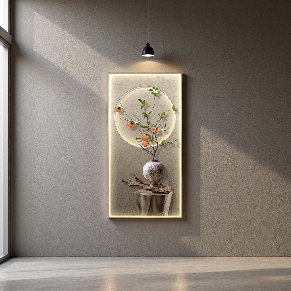 Chinese-style artistic conception luminous decorative painting: persimmon branches, earthenware jars, wooden stakes, grey walls, circular halos