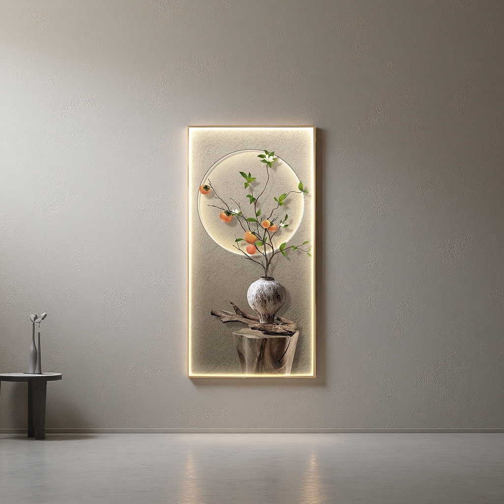 Chinese-style artistic conception luminous decorative painting: persimmon branches, earthenware jars, wooden stakes, grey walls, circular halos Application Scenario