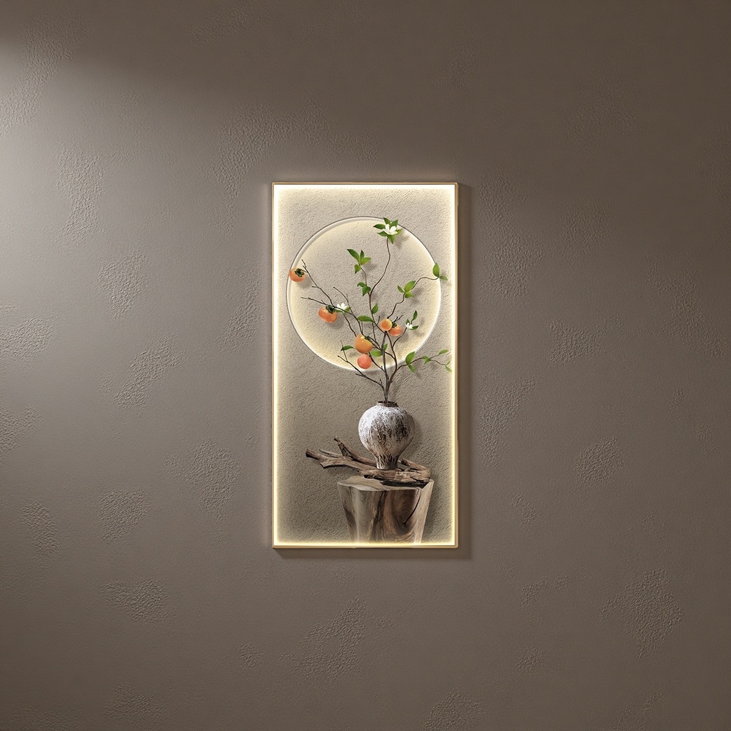 Chinese-style artistic conception luminous decorative painting: persimmon branches, earthenware jars, wooden stakes, grey walls, circular halos Specification image