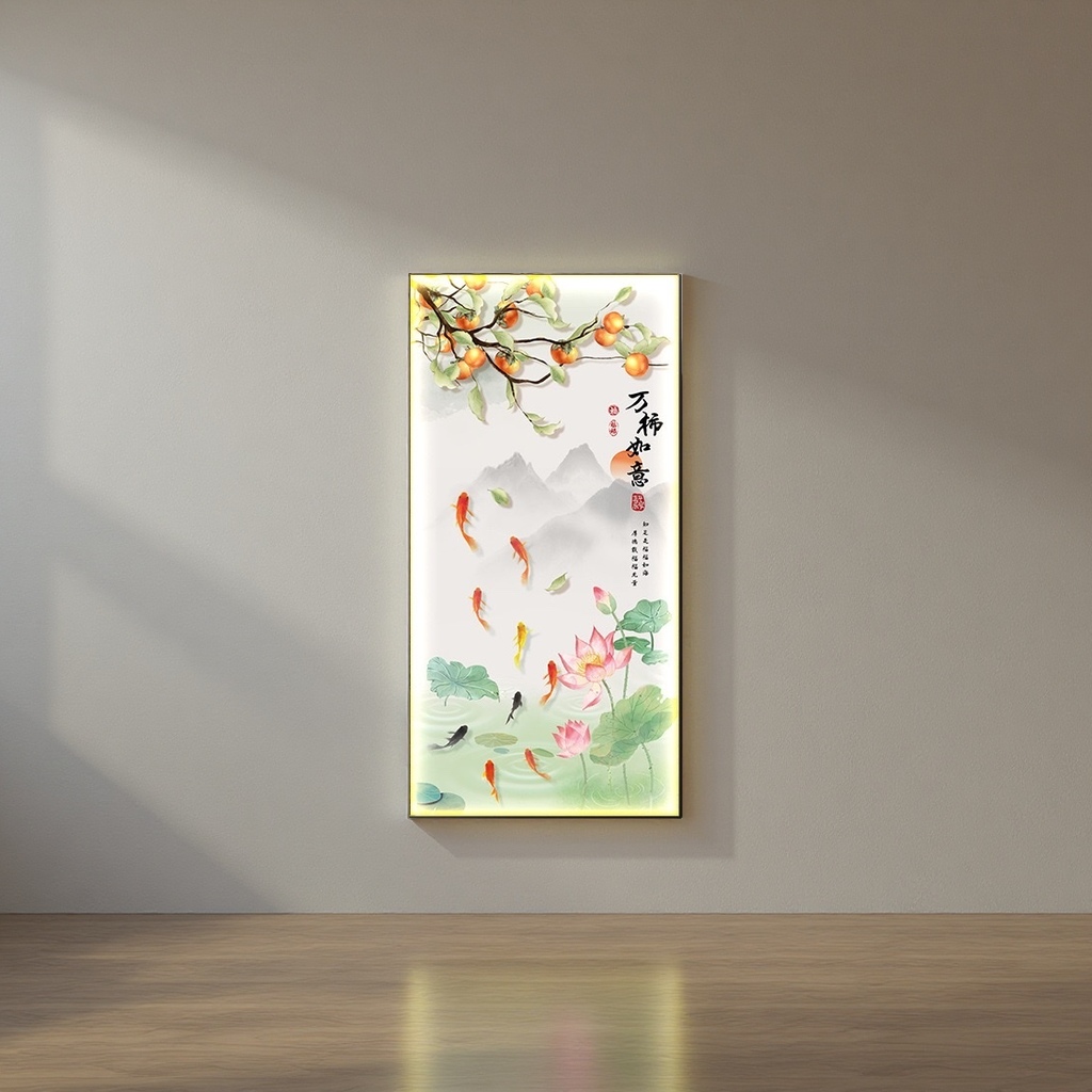 Ink-wash painting style persimmon, koi, lotus flower decorative painting, "Ten Thousand Persimmons as Good Fortune" calligraphy inscription, distant mountains, clouds and mist details Picture