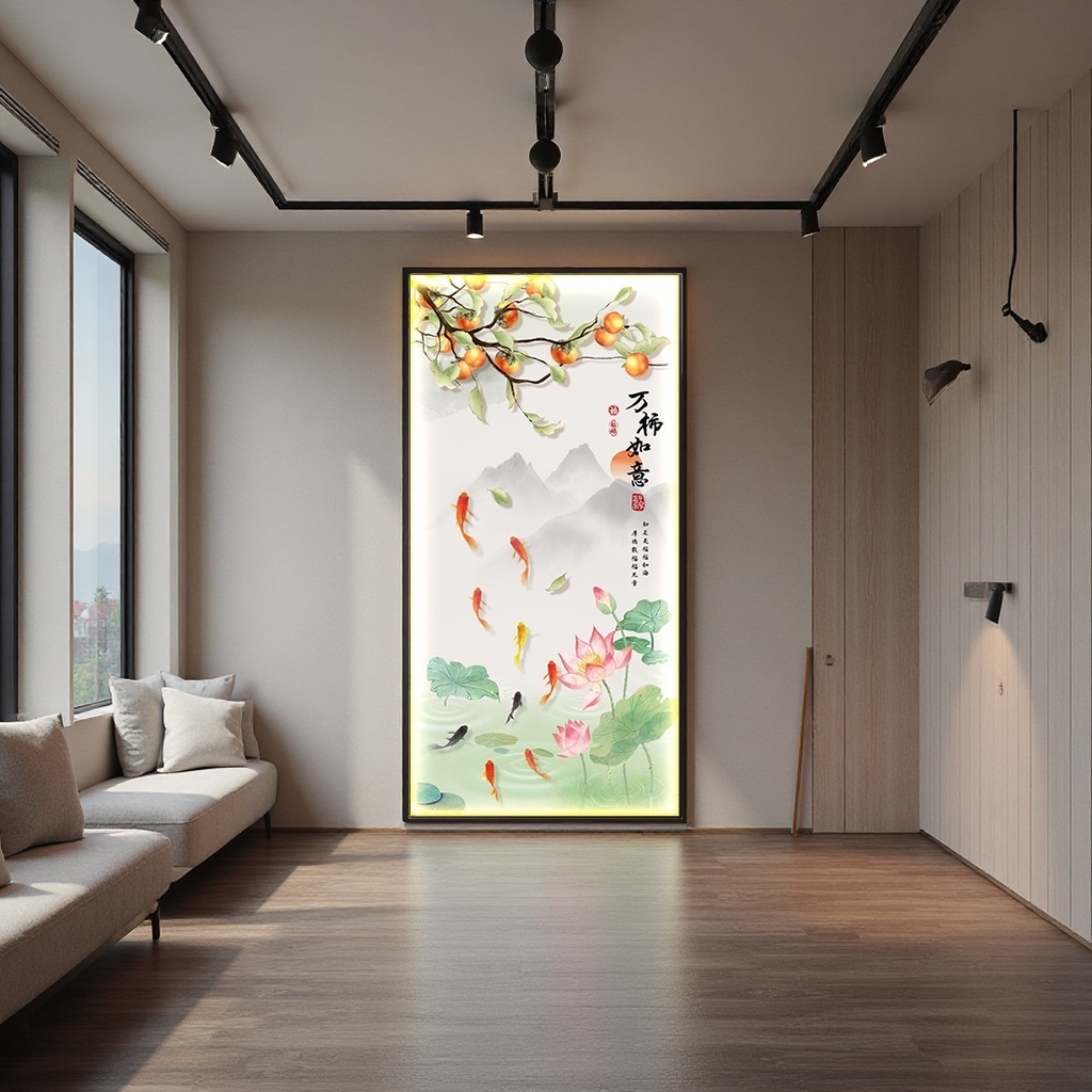 Ink-wash painting style persimmon, koi, lotus flower decorative painting, "Ten Thousand Persimmons as Good Fortune" calligraphy inscription, distant mountains, clouds and mist Application Scenario