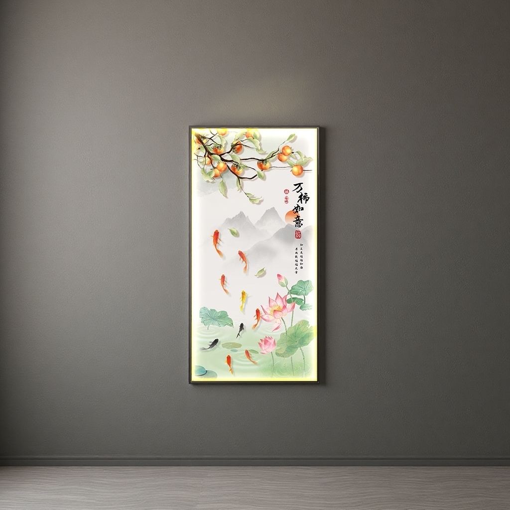 Ink-wash painting style persimmon, koi, lotus flower decorative painting, "Ten Thousand Persimmons as Good Fortune" calligraphy inscription, distant mountains, clouds and mist Specification image