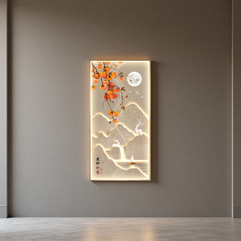 Luminous landscape persimmon painting as the main decorative painting, hanging paintings in the living room and bedroom, new Chinese-style murals