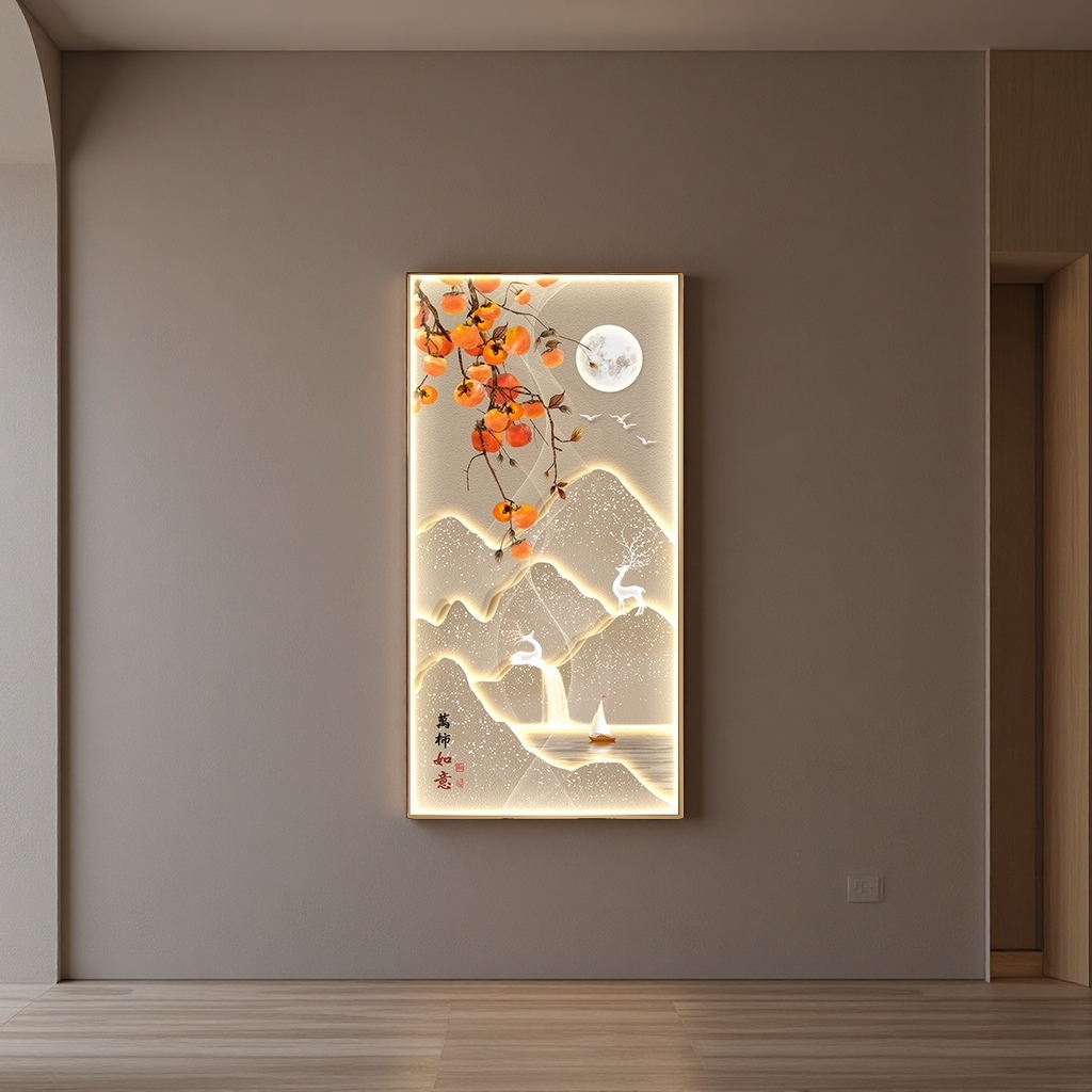 Luminous landscape persimmon painting as the main decorative painting, hanging paintings in the living room and bedroom, new Chinese-style murals details Picture
