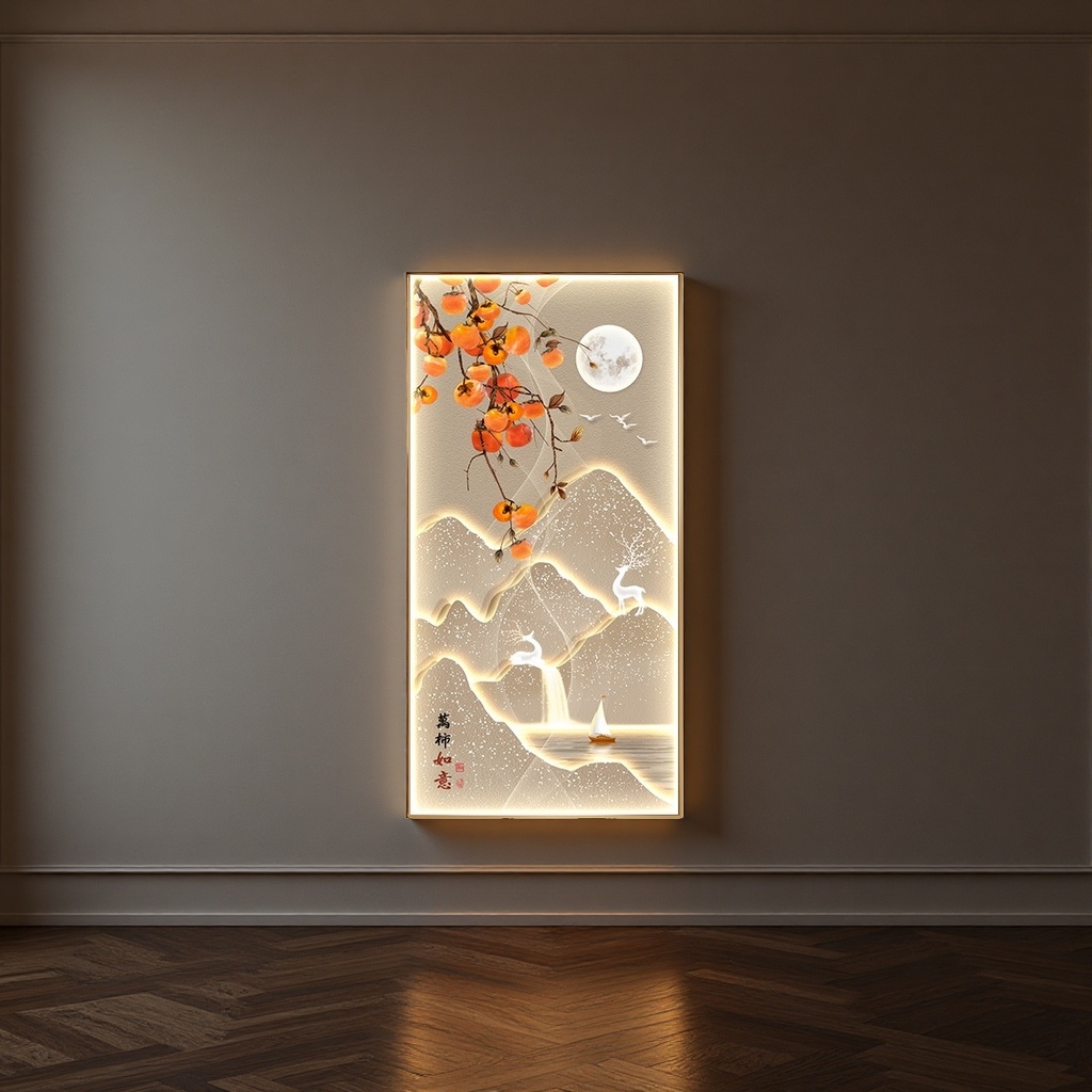 Luminous landscape persimmon painting as the main decorative painting, hanging paintings in the living room and bedroom, new Chinese-style murals Specification image