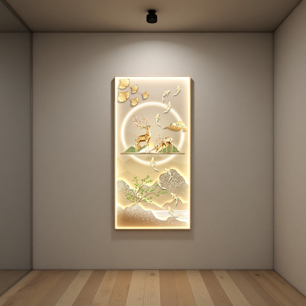 The main body of the golden deer pattern luminous mural is decorated in the living room and bedroom, with luminous art paintings pasted on the walls details Picture