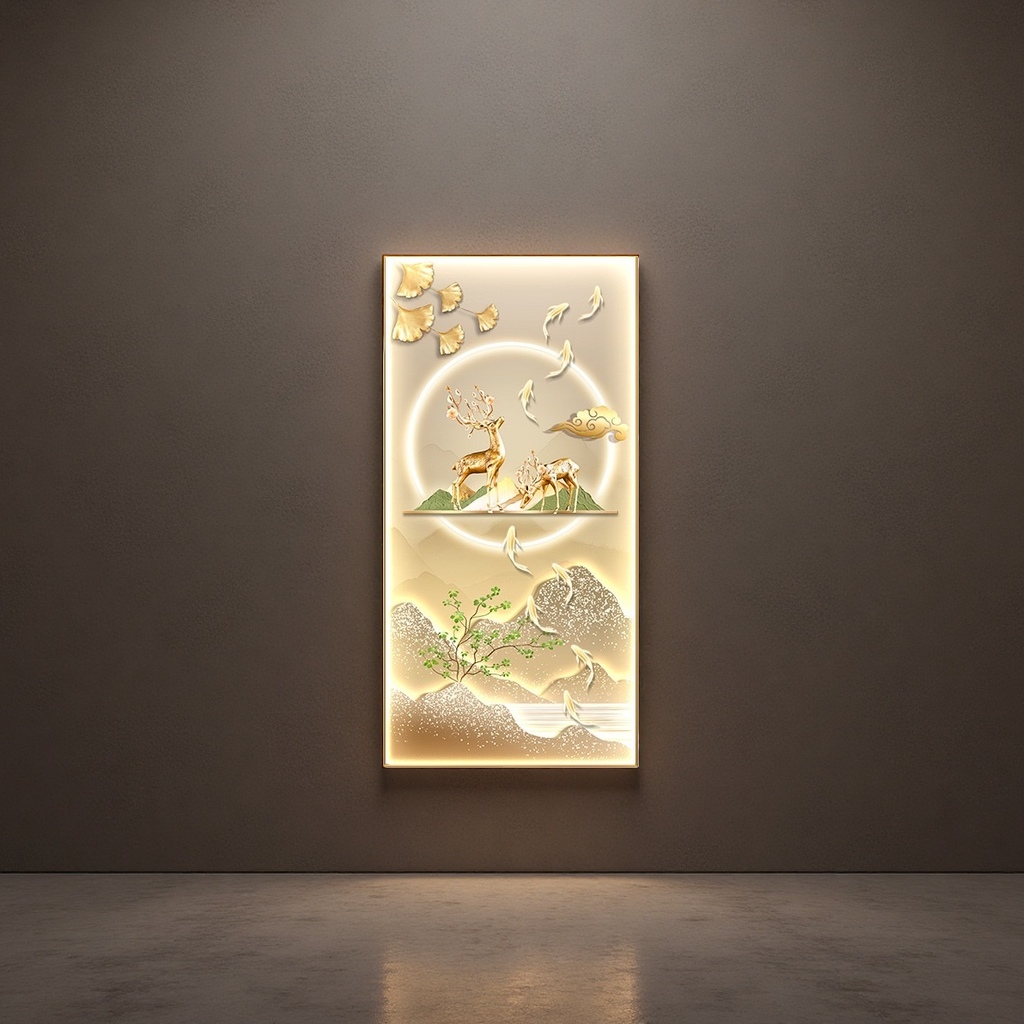 The main body of the golden deer pattern luminous mural is decorated in the living room and bedroom, with luminous art paintings pasted on the walls Specification image