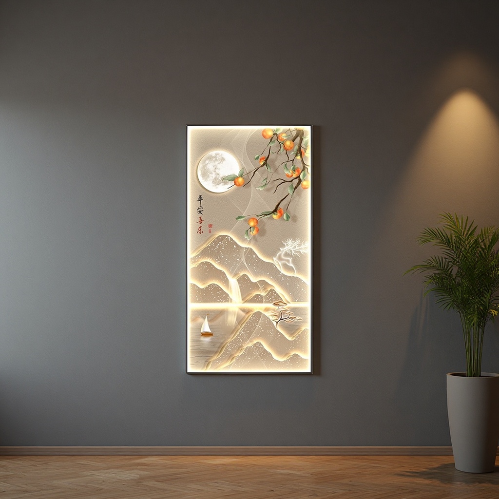 The main subjects of the luminous landscape painting are the bright moon, persimmon branches, distant mountains, small boats, cranes and bamboo shadows Application Scenario
