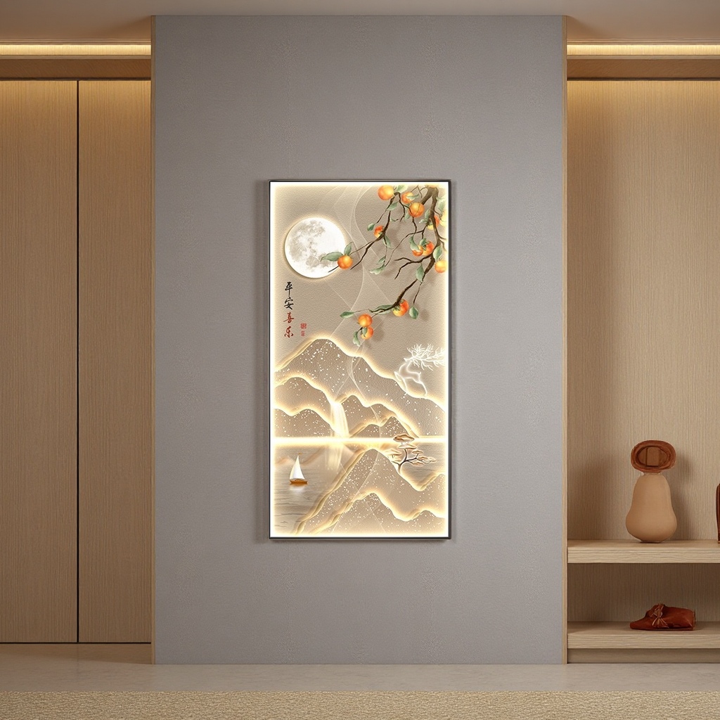 The main subjects of the luminous landscape painting are the bright moon, persimmon branches, distant mountains, small boats, cranes and bamboo shadows Specification image