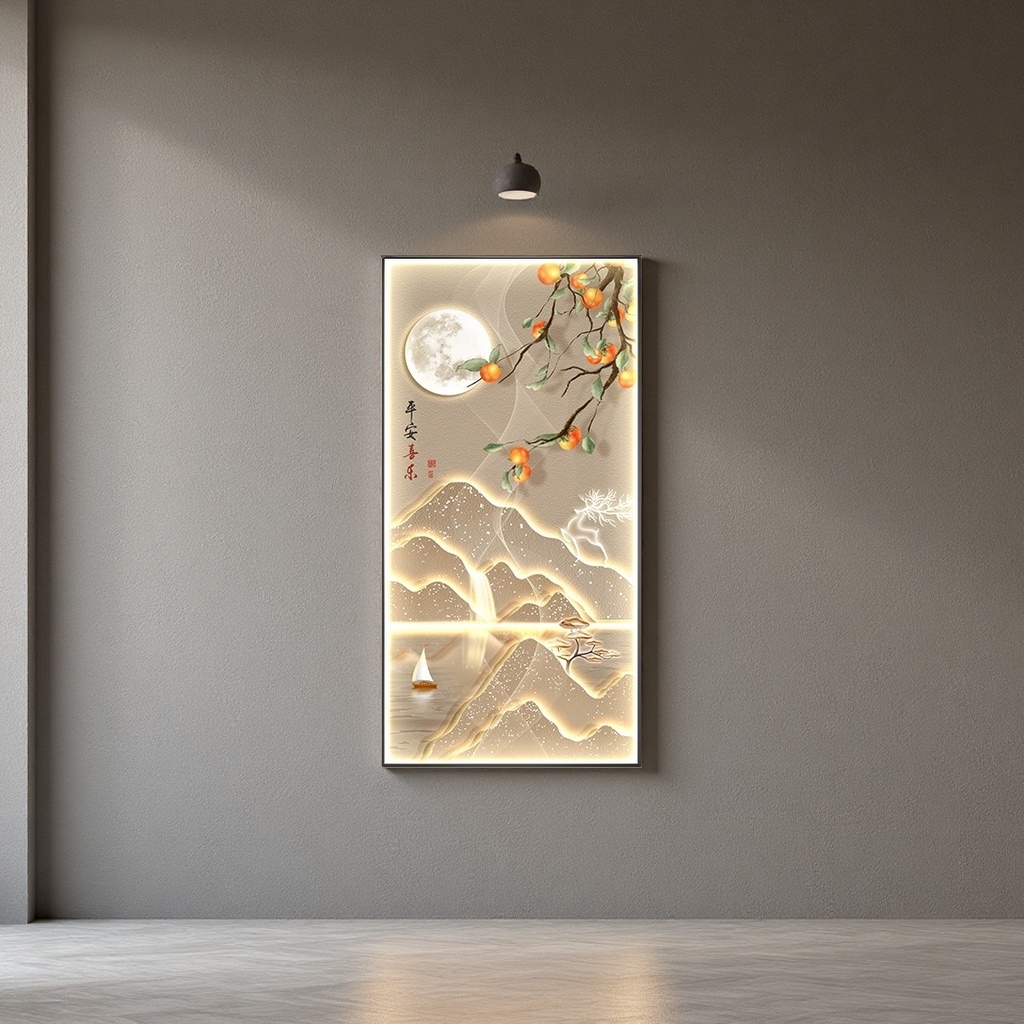 The main subjects of the luminous landscape painting are the bright moon, persimmon branches, distant mountains, small boats, cranes and bamboo shadows