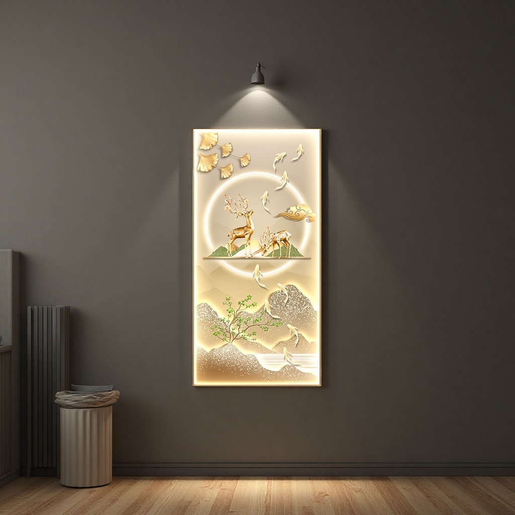 The main body of the European-style wall art for the entrance of the living room is a decorative painting featuring golden deer carvings and auspicious cloud goldfish details Picture