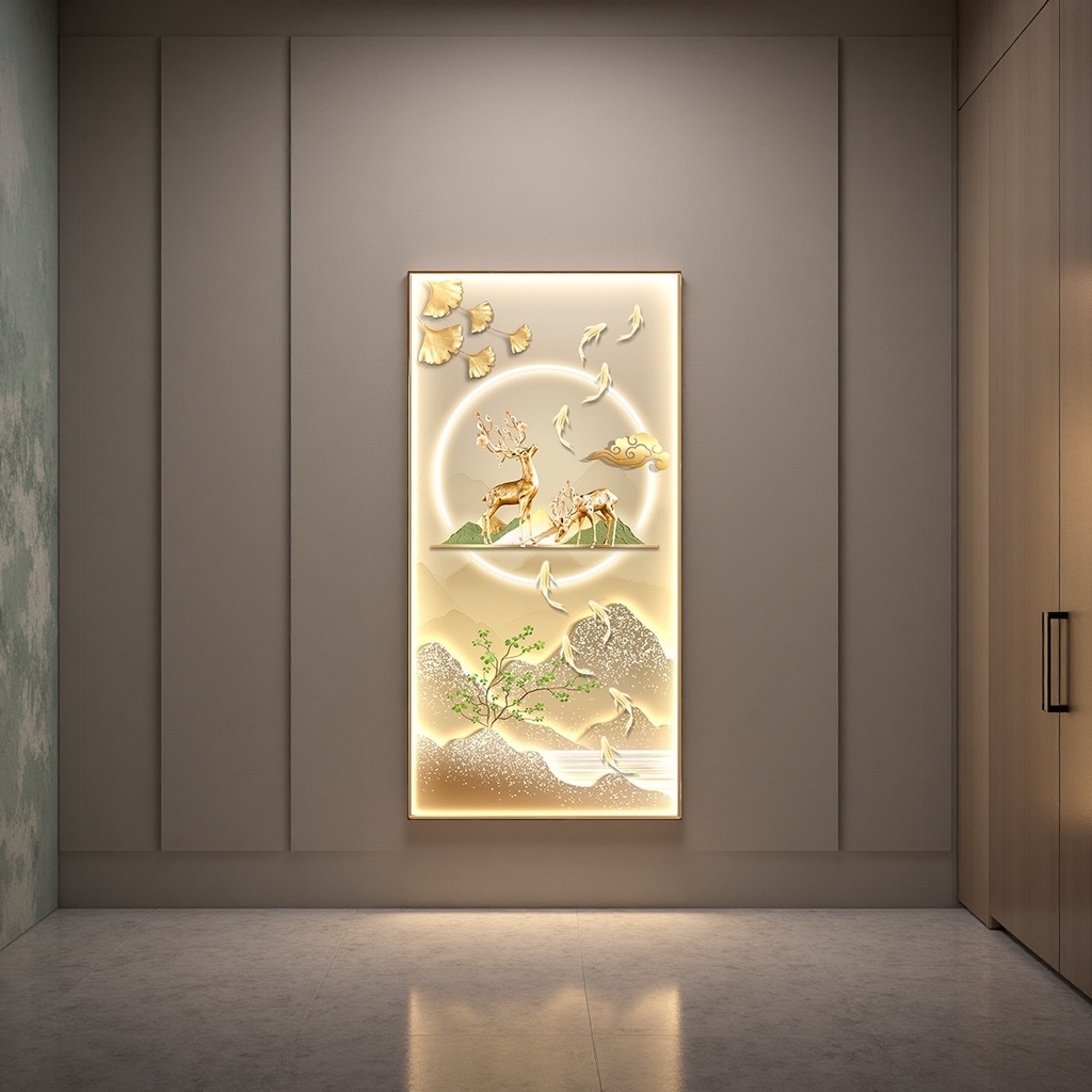 The main body of the European-style wall art for the entrance of the living room is a decorative painting featuring golden deer carvings and auspicious cloud goldfish Application Scenario